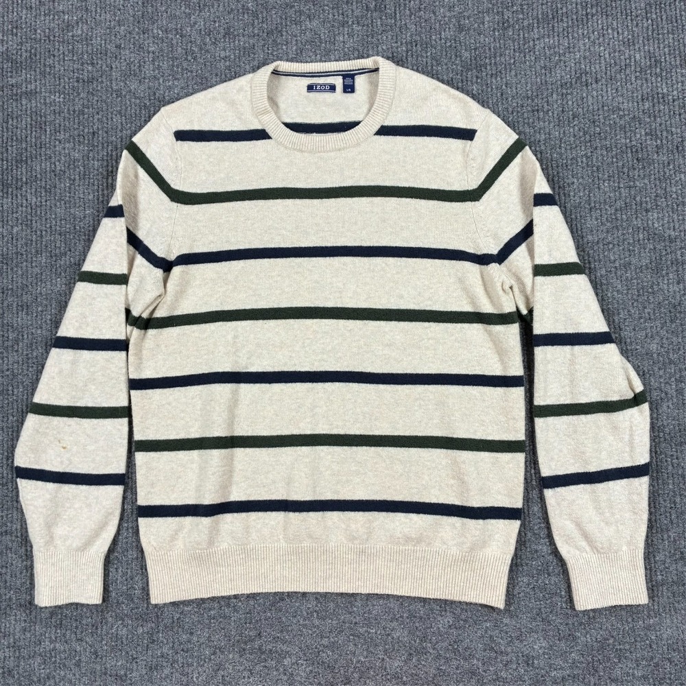 IZOD Crew Neck Sweater Mens Size Large Oatmeal Striped Knit Pullover Casual
